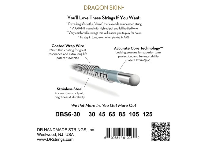 DR Strings Dragon Skin+ Coated Steel 6-String Medium 30-125 Struny pre 6-strunovú basgitaru