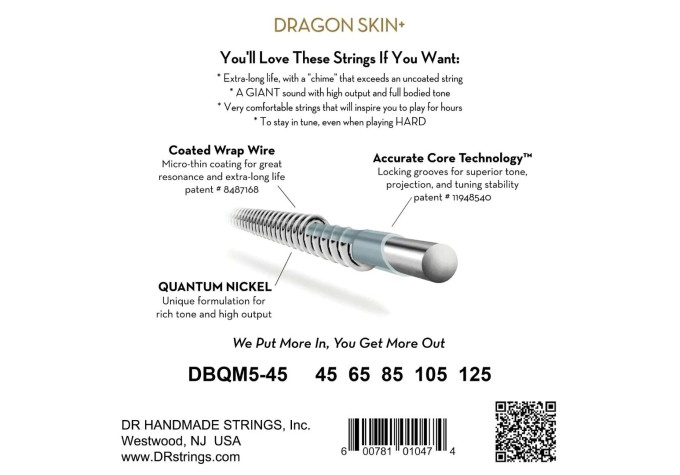 DR Strings Dragon Skin+ Coated Nickel 5-String Medium 45-125 Tapered Multi-Scale Struny pre 5-strunovú basgitaru