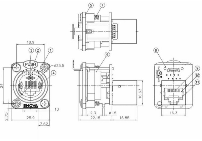 RJ45 chassis konektor Cat5e feed-through